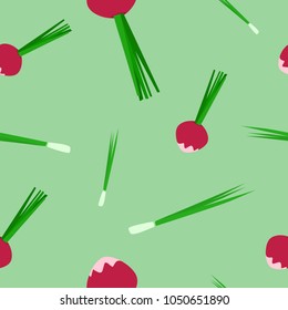 Seamless pattern of purple radish and green onion cartoon style vector illustration