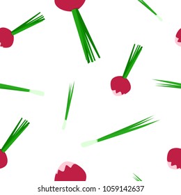 Seamless pattern of purple radish and green onion on white background cartoon style vector illustration