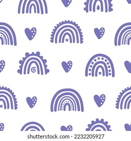 Seamless pattern with purple rainbows and hearts