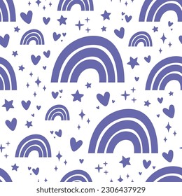 Seamless pattern with purple rainbows and hearts