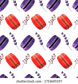 Seamless pattern with purple and red macaroons cookies with lavender and red elderberry vector on transparent background. Vector illustration. For designing clothes for cafe and restaurant