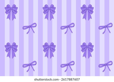 Seamless pattern of purple ribbon bows on soft lilac vertical striped background for packaging and festive designs