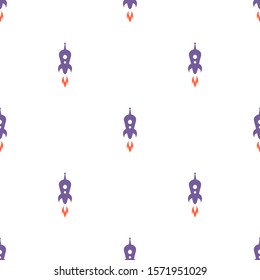 Seamless pattern with purple rocket ship silhouette on white background. Flat ornament. Vector illustration with flying rocket. Space travel, fantasy. Creative  print