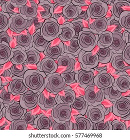 Seamless pattern with purple rose flowers, vector floral illustration in vintage style.