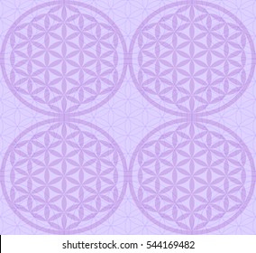 Seamless pattern with purple sacred symbol of the Flower of Life. Flower with six petals. The ancient symbol of the Seed of Life.