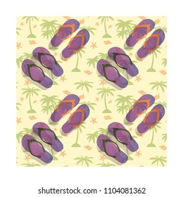 Seamless pattern of purple sandals for the beach, against the background of palm tree and sea shells, vector