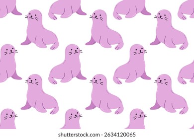 Seamless pattern with purple seals on white background, perfect for children's fabric, packaging, and marine-themed projects