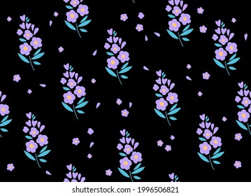 Seamless pattern with purple small flowers and leaves on black background