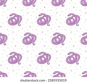 Seamless pattern with purple snake and abstract stars, stars on white background. Perfect for fabric design, packaging, astrology, wrapping paper. Vector Illustration in flat style