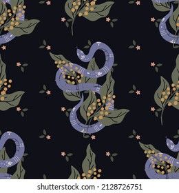 Seamless pattern with purple snakes and flowers on a black background. Vector illustration with hand drawn reptiles.