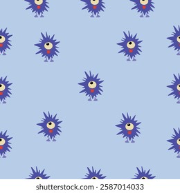 Seamless pattern with purple spiky monsters with one eye on a light blue background. Unique and playful design