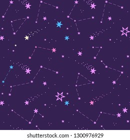 seamless pattern with purple starry sky, comets, constellations
