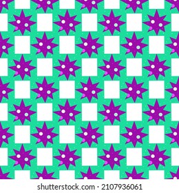 Nahtloses Muster. Violette Sterne auf einem grünen Platz. Außenraum im Stern. Abstrakte geometrische Zusammensetzung, Druck. Farbige, handgezeichnete Vektorgrafik-Verpackung