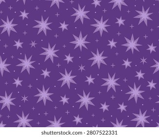 Seamless pattern with purple stars on dark purple background. Magic, mystical pattern. Cosmos, universe, night sky. Pattern for fabric, prints, design, or wrapping paper.