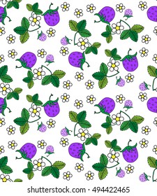 Seamless pattern with purple strawberry on a lilac background, leaves and flowers, primitive style, doodle, kitsch, flat, kawaii, print for wallpaper, fabrics, web, vector EPS8
