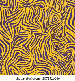 Seamless pattern with purple stripes on a yellow background. Print for modern fabrics, throw pillows, wrapping paper. Tiger striped color. Vector.