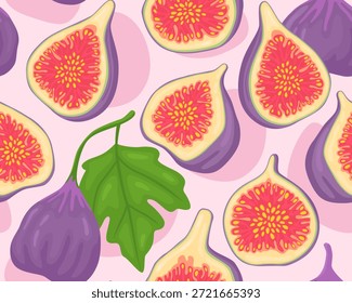 Patrón inconsútil, higos dulces púrpuras en un fondo rosado, frutas exóticas, fondo brillante.