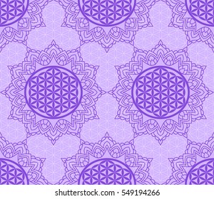 Seamless pattern with a purple symbol of the Flower of Life in the frame of the mandala. Sacred Geometry. The ancient symbol of the Seed of Life.