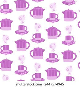 Seamless pattern with a purple teapot and cup set with flower hot tea