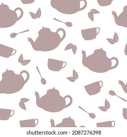 Seamless pattern of purple teapots, cups, spoons and leaves on white background. Kitchen utensil background. Vector illustration
