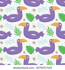 Seamless pattern with purple toucan. A float for the pool. Inflatable colorful toucans, starfish and palm leaves. A swimming circle. Vector template for your summer beach design