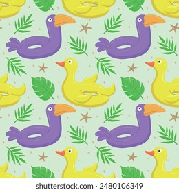 Seamless pattern with purple toucan and yellow duck. A float for the pool. Inflatable colorful ducks and toucans. A swimming circle. Vector template for your summer beach design