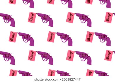 A seamless pattern with purple toy guns on a white background