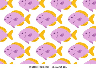 Seamless pattern with purple tropical fish with yellow fins, great for ocean-themed packaging, kids’ designs, or textiles