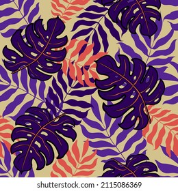 Seamless pattern with purple tropical leaves on a beige background