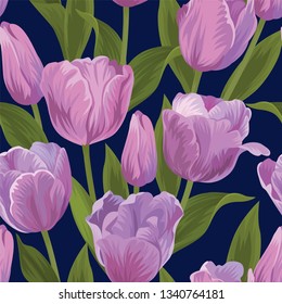 Seamless pattern of purple tulip flowers background. Vector set of blooming floral for holiday invitations, greeting card and fashion design.