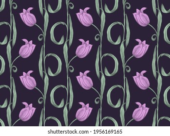 Seamless pattern with purple tulips on a black background. Vintage flowers.