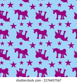 Seamless pattern with purple unicorns and stars on blue background. Vector image.
