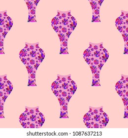 seamless pattern of purple vases with floral pattern