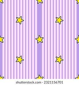 Seamless Pattern. Purple vertical  stripes with yellow stars. night sky concept design. fabric textile texture, wrapping paper printing, wallpaper background.