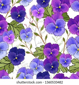 Seamless pattern with purple viola, green leaves.