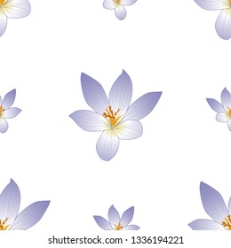 Seamless pattern with purple violet crocus flower in white background cartoon sketch style. Great for spring theme of wallpaper fabric textile surface design.