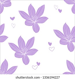 Seamless pattern with purple violet crocus flower in white background cartoon sketch style decorate with heart symbol. Great for spring theme of wallpaper fabric textile surface design.