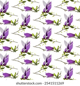 Seamless pattern with purple, violet and lavender beautiful flowers.