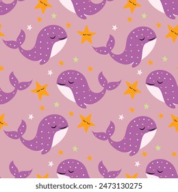 seamless pattern with purple whales and stars, vector pattern, design for nursery, textile and wrapping paper