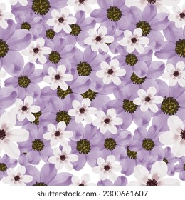 Seamless pattern of purple and white flowers on top of each other. Vector illustration.