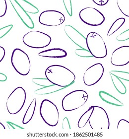seamless pattern with purple wild berries and leaves in doodle style. contour and silhouettes of berries. Modern abstract design for packaging, paper, cover, fabric, interior decor and clothes
