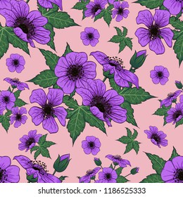 Seamless pattern purple wild flowers on isolated pink pastel backgground.Vector illustration doodle hand drawn.For used wallpaper design,textile fabric or wrapping paper.