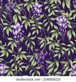 Seamless pattern with purple wisteria and green leaves on a dark background. Great for textile, fabric, wrapping paper, wallpaper. svg
