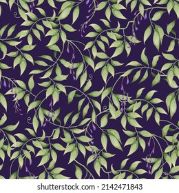 Seamless pattern with purple wisteria and green leaves on a dark background. Great for textile, fabric, wrapping paper, wallpaper. svg