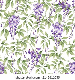 Seamless pattern with purple wisteria and green leaves on a white background. Great for textile, fabric, wrapping paper, wallpaper.