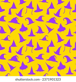 Seamless pattern purple witch hat. Halloween yellow background for design and print october