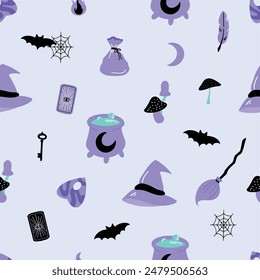 Seamless pattern with purple witchcraft elements. Witches hat, magic cauldron, broom, bat, mushrooms, tarot for magic rituals. Spooky halloween design. Hand drawn vector illustration