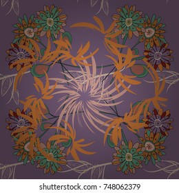 Seamless pattern with purple, yellow and brown flowers and leaves, abstract floral pattern. Tileable vector pattern for wallpaper, cards or fabric.