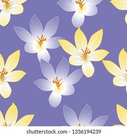 Seamless pattern with purple yellow crocus flower in violet background cartoon sketch style. Great for spring theme of wallpaper fabric textile surface design.