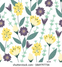 Seamless pattern with purple and yellow flowers and leaves on a white background. Vector floral illustration.